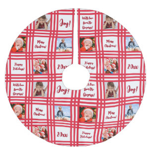 Custom Red Candy Cane Kariert Family Foto Collage Polyester Weihnachtsbaumdecke