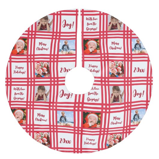 Custom Red Candy Cane Kariert Family Foto Collage Polyester Weihnachtsbaumdecke (Vorderseite)