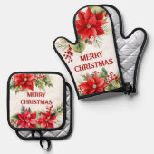 Custom Red Christmas Floral Kitchen Zubehör Ofenhandschuh & Topflappen-Set (Vorderseite/Rückseite)