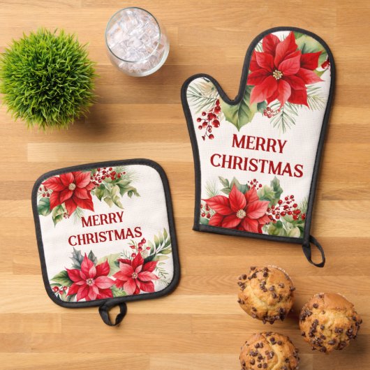 Custom Red Christmas Floral Kitchen Zubehör Ofenhandschuh & Topflappen-Set (Oben Unten)