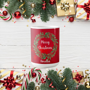 Custom Red Christmas Strumpf und Greenery Kreath Kaffeetasse