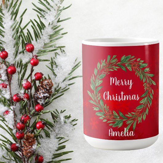 Custom Red Christmas Strumpf und Greenery Kreath Kaffeetasse