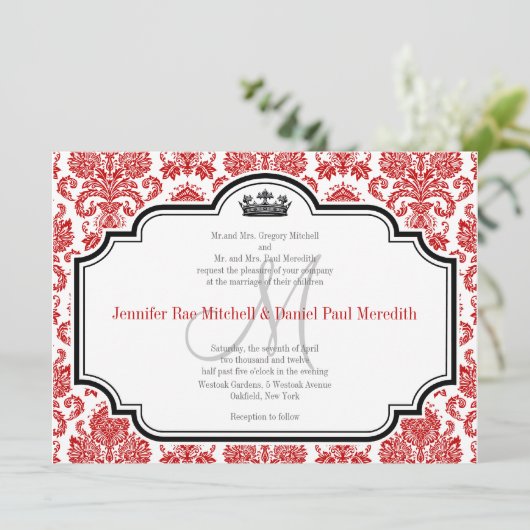 Custom Red Damask Schwarz-weiß Hochzeitseinladunge Einladung (Stehend Vorderseite)