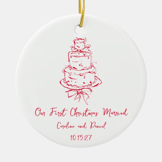Custom Red Doodle Cake First Christmas Verheiratet Keramik Ornament (Vorne)