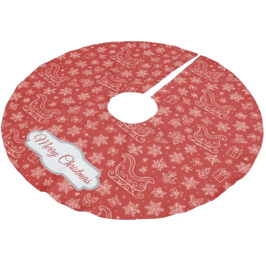 Custom Red Doodle Christmas Sleigh Pattern Polyester Weihnachtsbaumdecke (Schrägansicht)