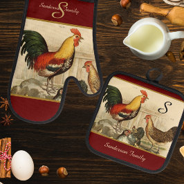 Custom Red Farm Vintag Rooster Monogramm Ofenhandschuh & Topflappen-Set