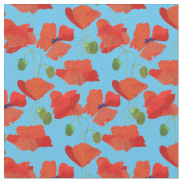 Custom Red Field Poppies Sky Blue Floral Fabric Stoff