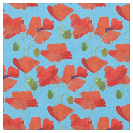 Custom Red Field Poppies Sky Blue Floral Fabric Stoff (Nahaufnahme)