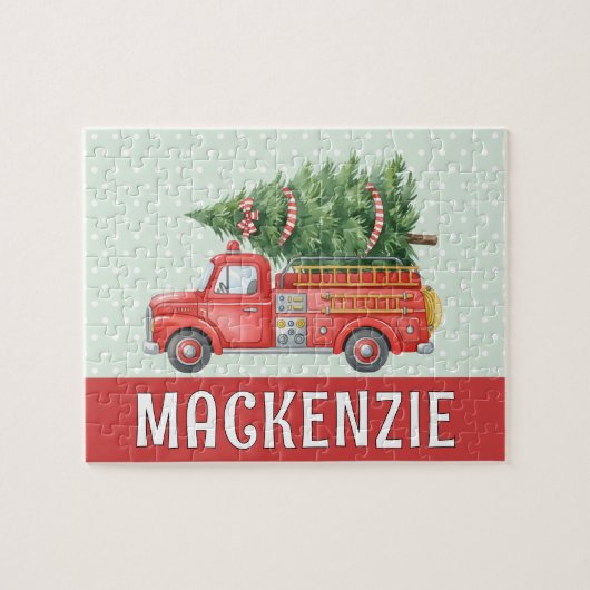 Custom Red Fire Christmas Tree Truck Firefighter  Puzzle (Horizontal)