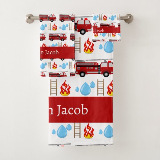 Custom Red Fire Trucks Firetrucks Mustertuch Badhandtuch Set (Insitu)