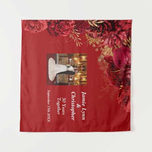 Custom Red Floral Wedding Anniversary Tapestes Wandteppich (Vorderseite (Horizontal))