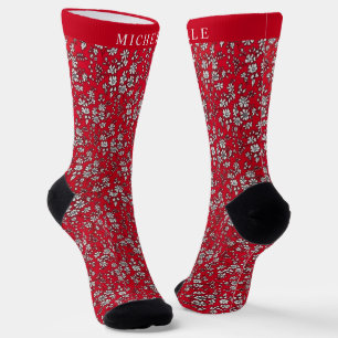 Custom Red Floral White Christmas Blume Socken