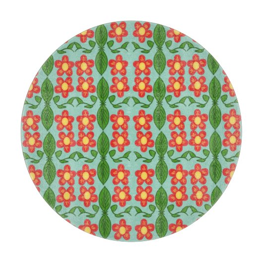 Custom Red Folk Art Flower & Leaf Pattern Schneidebrett (Vorderseite)