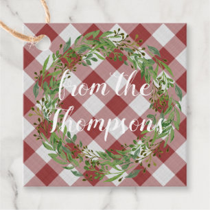 Custom Red Gingham Stripes and Wreath Motif on Geschenkanhänger