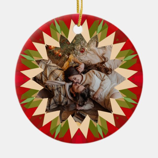 Custom Red Green Christmas Star Photo Gift Tree Keramik Ornament (Vorne)