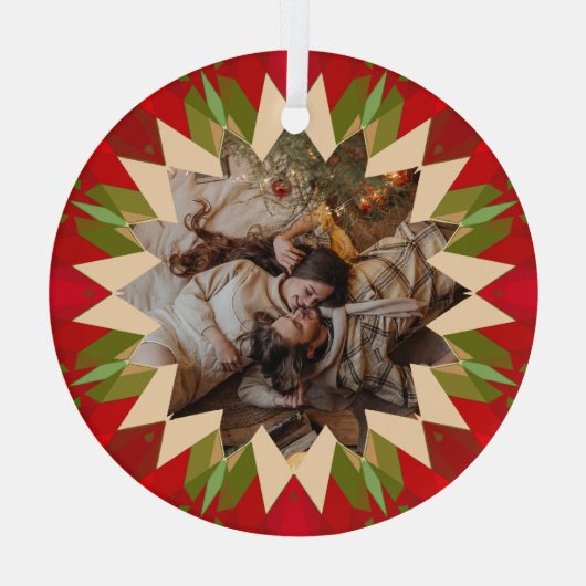 Custom Red Green Christmas Star Photo Gift Tree Ornament Aus Glas (Rückseite)