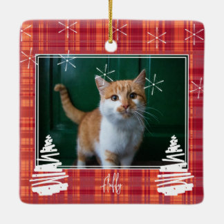 Custom Red Kariert Christmas Family Foto and Pet Keramikornament
