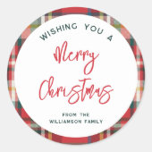 Custom Red Kariert Frohe Weihnachtsschrift Runder Aufkleber (Vorderseite)