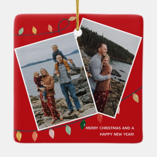 Custom Red Merry und Helle Weihnachtslicht Foto Keramikornament (Rückseite)