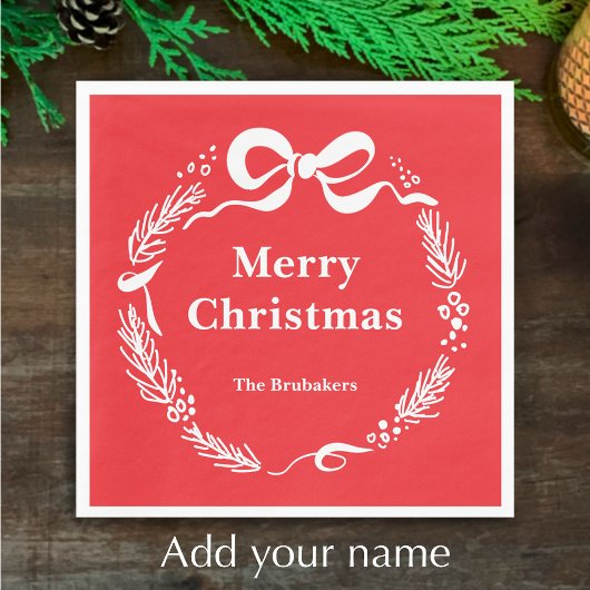 Custom Red Modern Hand Drawn Bow Merry Christmas Serviette