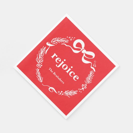 Custom Red Modern Hand Drawn Bow Rejoice Christmas Serviette (Ecke)