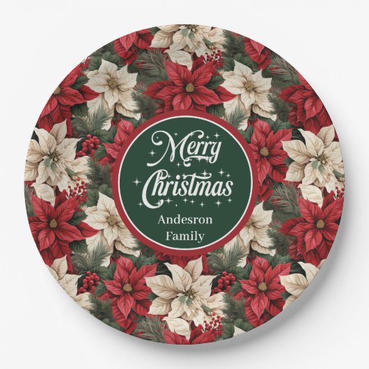 Custom Red Poinsettia Chic Christmas Paper Plates Pappteller (Vorderseite)