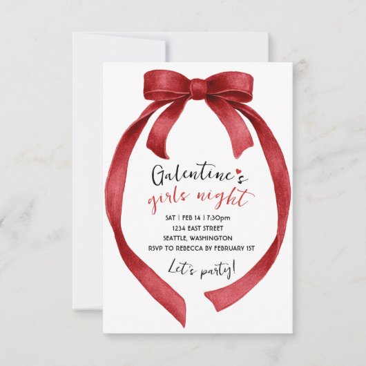 Custom Red Ribbon Bow Galentines Party Invitation RSVP Karte (Vorderseite)