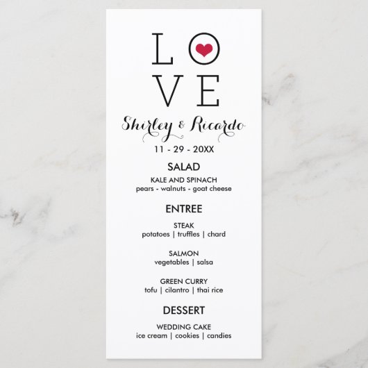 Custom Red Simple Liebe Wedding Menu Menükarte (Vorderseite)
