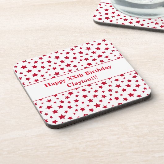 Custom Red Stars mit Message Birthday Party Getränkeuntersetzer (Linke Seite)