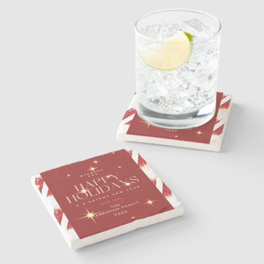 Custom Red Stripes fesseln glückliche Ferien Steinuntersetzer (Seitenansicht)