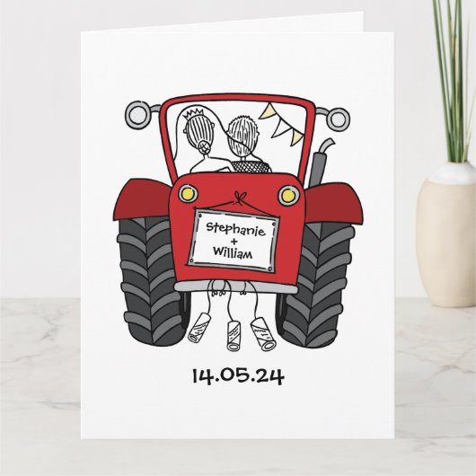 Custom Red Tractor Country Stall Rustikale Hochzei Karte (Vorderseite)