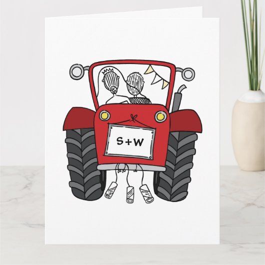 Custom Red Tractor Country Stall Rustikale Hochzei Karte (Vorderseite)