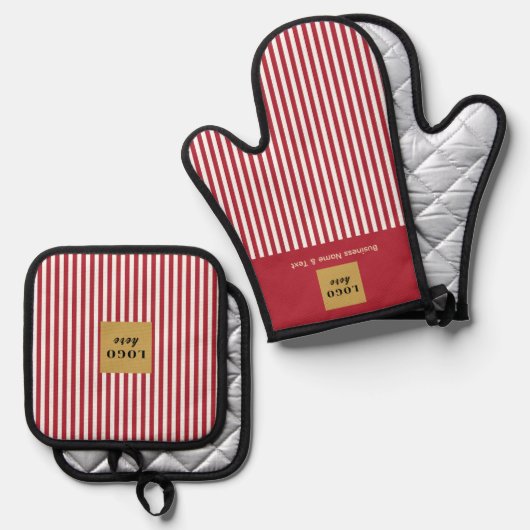 Custom Red & White Strip Ofenhandschuh & Topflappen-Set (Vorderseite/Rückseite)