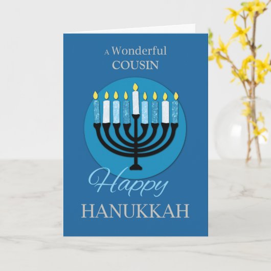 Custom Relation Cousin Hanukkah Menorah Dark Blue Karte (Gelbe Blume)