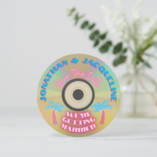 Custom Retro 80er Tropical Neon CD Save the Date Einladung (Stehend Vorderseite)
