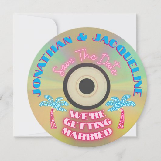 Custom Retro 80er Tropical Neon CD Save the Date Einladung (Vorderseite)