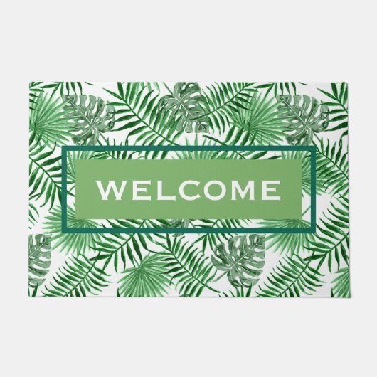 Custom Retro Angesagt Tropical Green Palm Leaftern Fußmatte (Vorderseite)