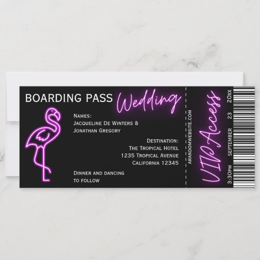 Custom Retro Boarding Pass Neon Flamingo Wedding Einladung (Vorderseite)