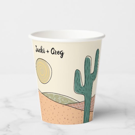 Custom Retro Boho Wüste Cactus Wedding Pappbecher (Vorderseite)