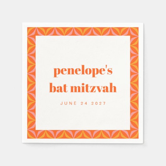 Custom Retro Bright Orange Border Bat Mitzvah Serviette (Vorderseite)