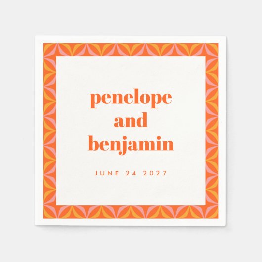 Custom Retro Bright Orange Border Wedding Names Serviette (Vorderseite)