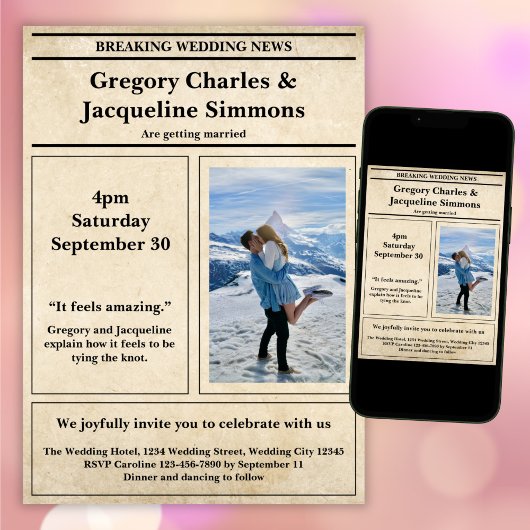 Custom Retro Elegante Newspaper Foto Quote Wedding Einladung