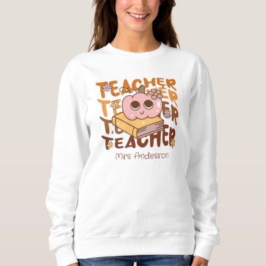Custom Retro Fall Teacher-Pumpkin & Book Halloween Sweatshirt (Vorderseite)