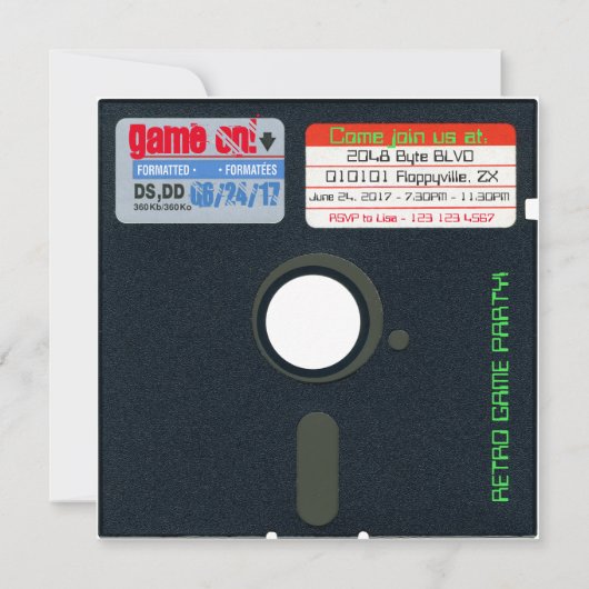 Custom Retro Game Birthday Invite Diskette 5.25 Einladung (Rückseite)