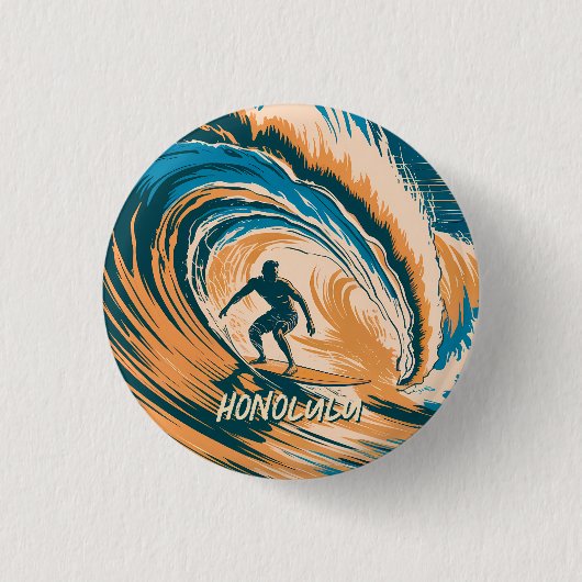 Custom Retro Honolulu Hawaii Surfer Ozean Button (Vorderseite)