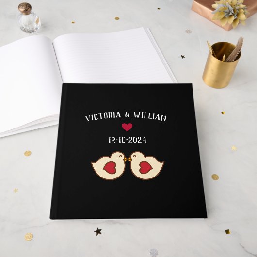 Custom Retro Love Birds Wedding Guest Book Gästebuch (Vorderseite offen)