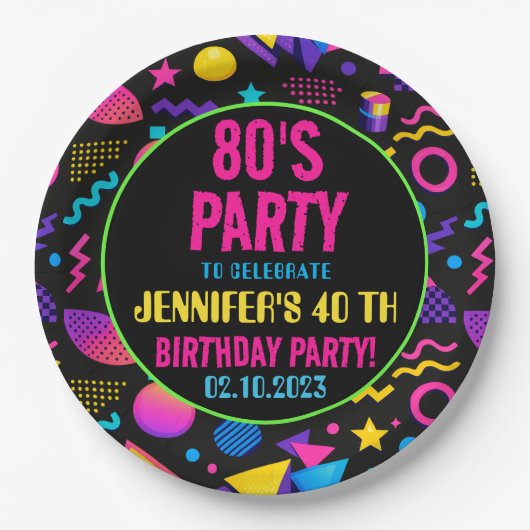 Custom Retro Neon 80’s Birthday – Fun Adult  Pappteller (Vorderseite)
