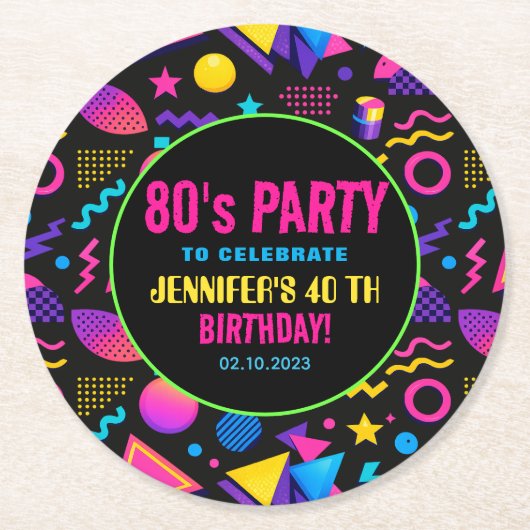 Custom Retro Neon 80’s Birthday – Fun Adult  Runder Pappuntersetzer (Vorderseite)