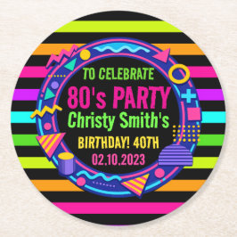 Custom Retro Neon 80’s Birthday Party Runder Pappuntersetzer