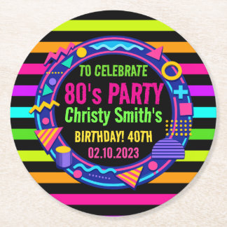 Custom Retro Neon 80’s Birthday Party Runder Pappuntersetzer